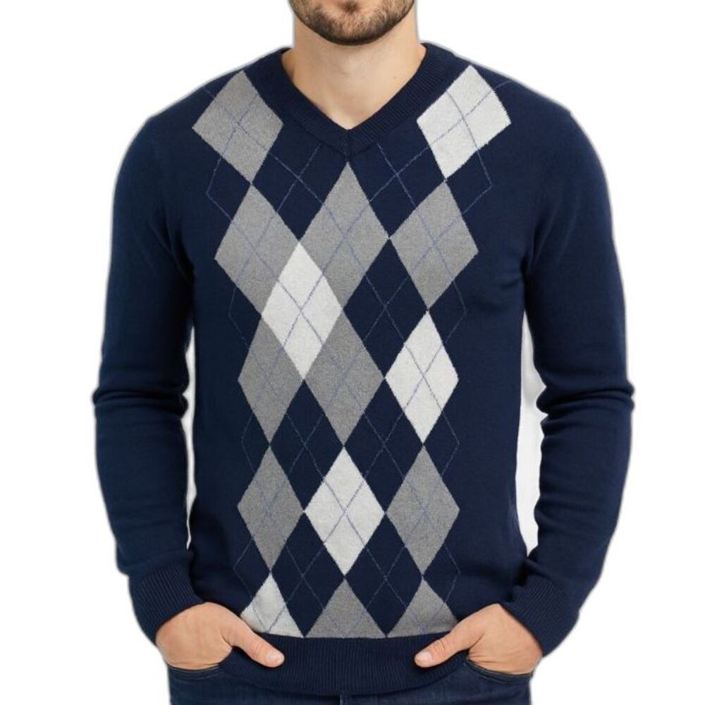 Banana Republic Men's Blue Gray Argyle Cotton Cashmere V-Neck LS Sweater Size M